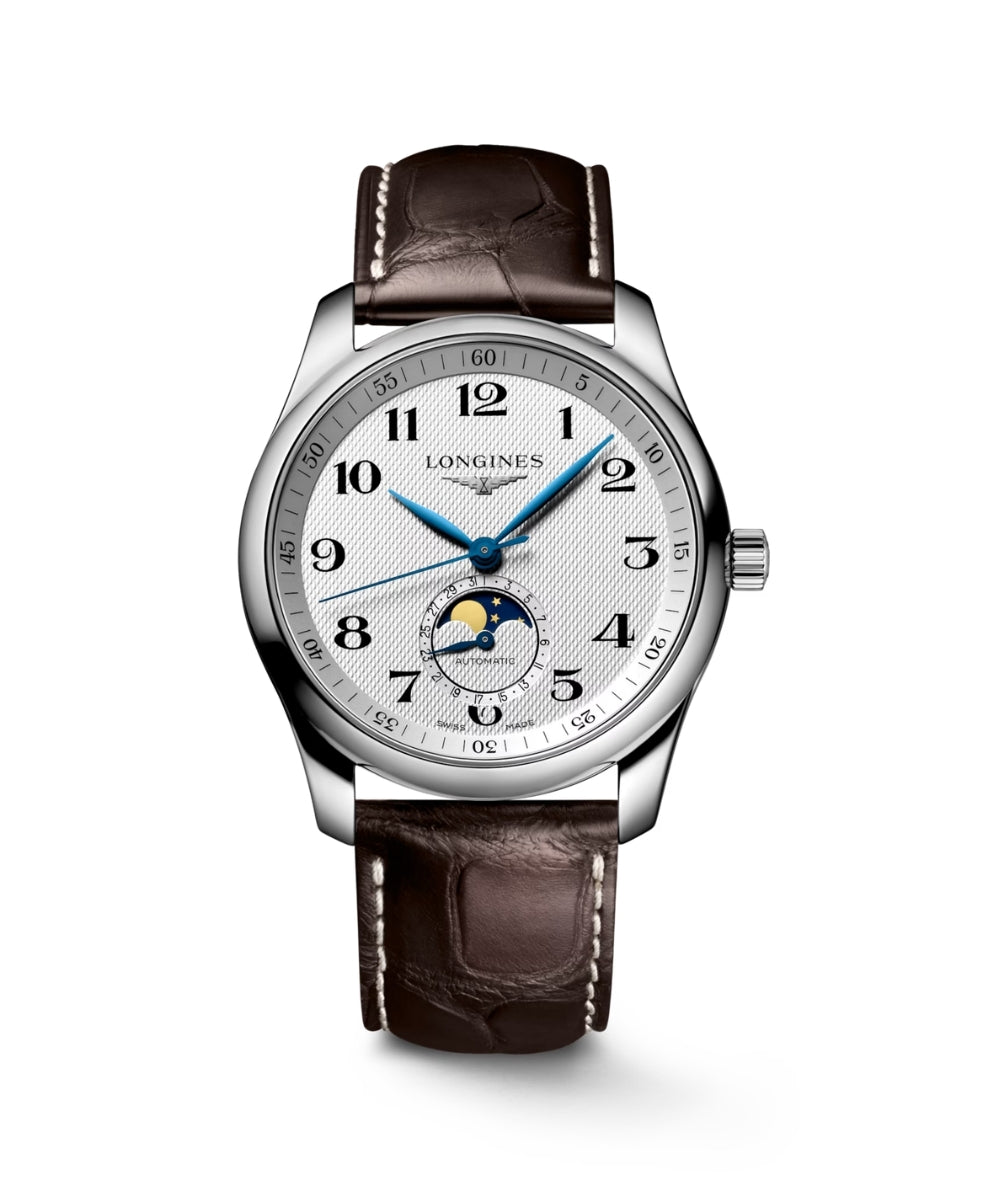 Watch with brown leather strap and silver case on a white background