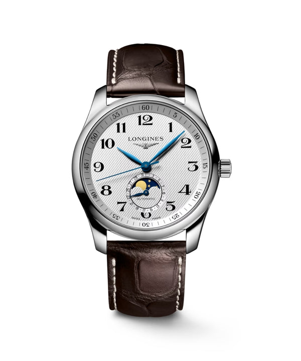 Watch with brown leather strap and silver case on a white background
