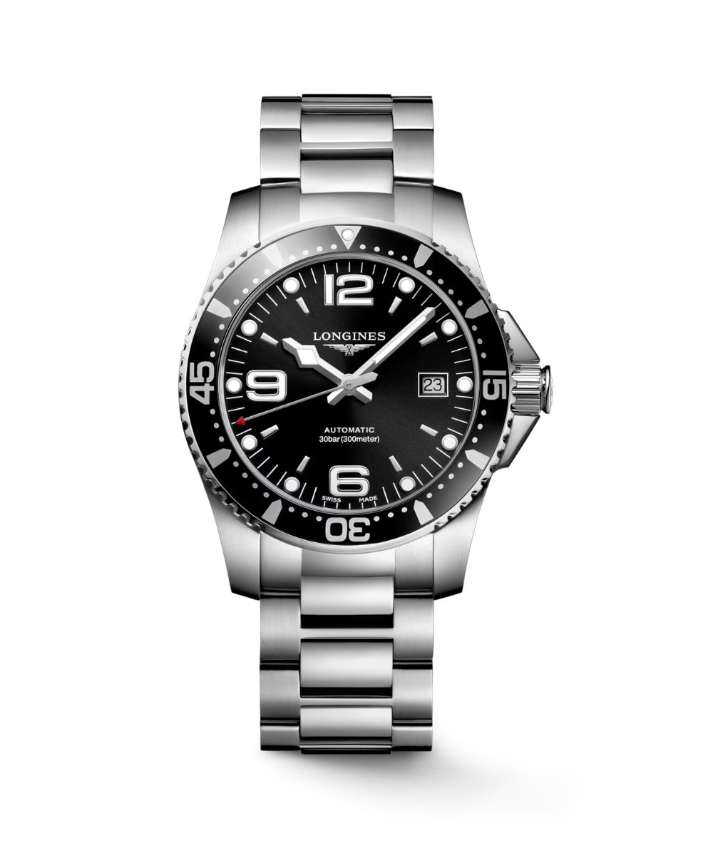 Longines watch with black dial and silver bracelet on a white background