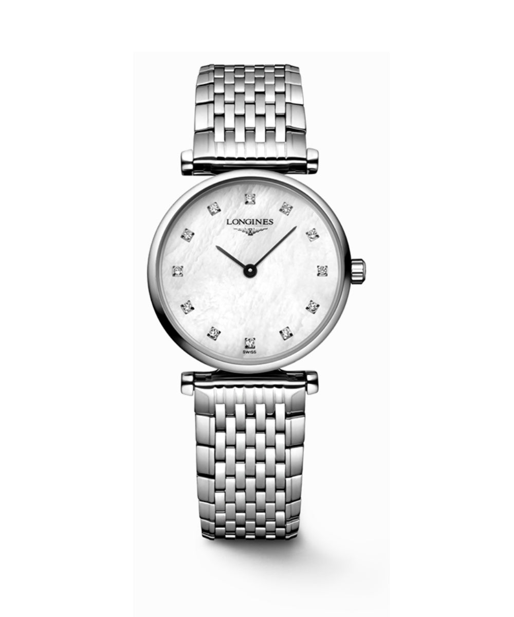 Silver watch with diamond-studded face on a white background
