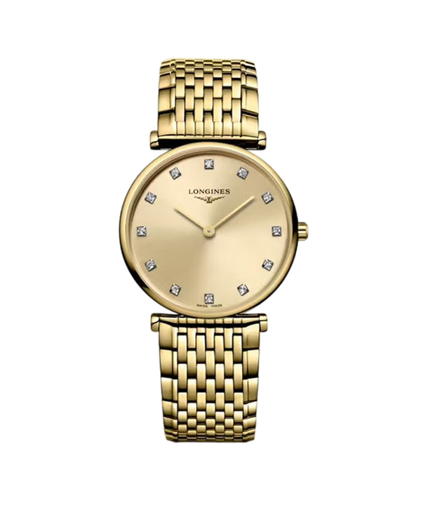 Gold watch with diamond accents on a white background