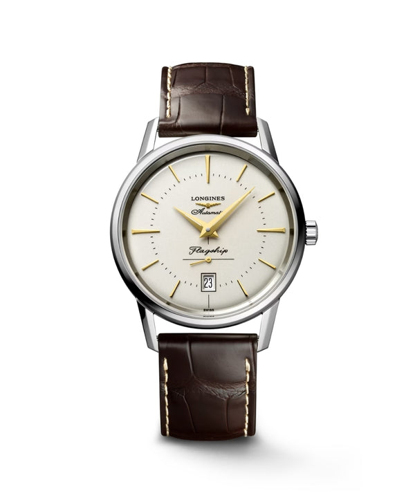 Watch with brown leather strap and white dial on a white background