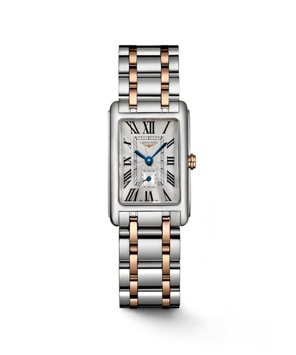 Luxury watch with silver and rose gold band on a white background