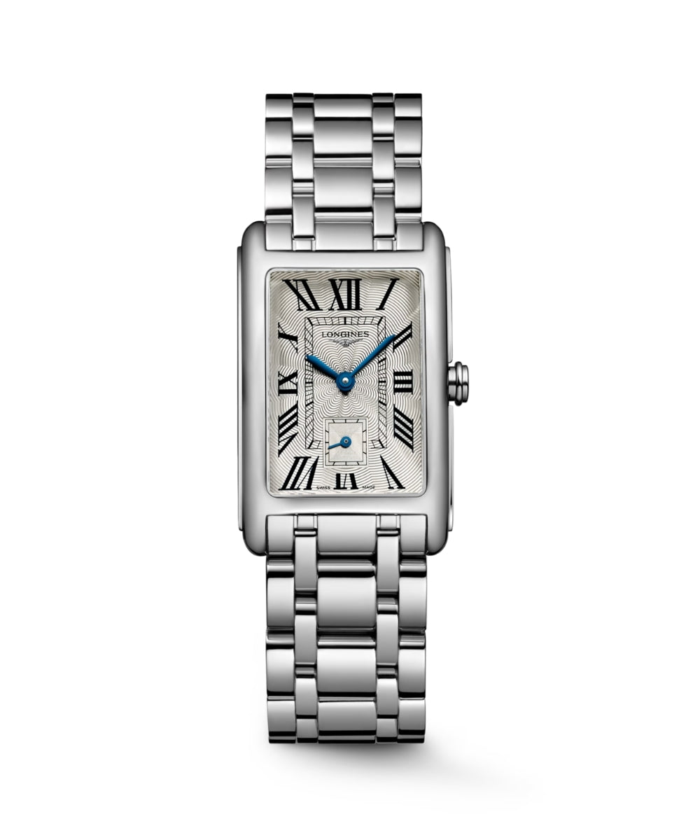 Silver wristwatch with a white face on a white background
