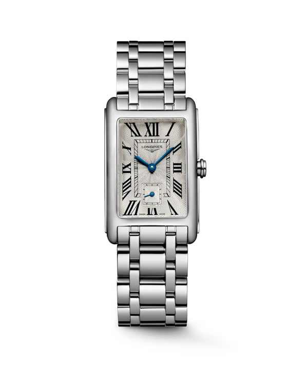 Silver wristwatch with a white face on a white background