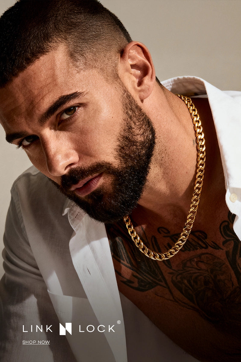 Man wearing a gold chain with 'Link N Lock' branding