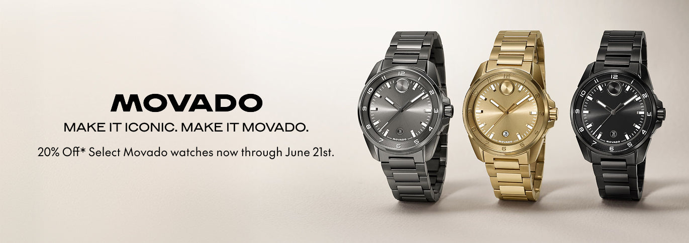 Three Movado watches displayed on a light gray background with promotional text.