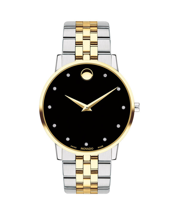 Two-tone silver and gold watch with black face on a white background