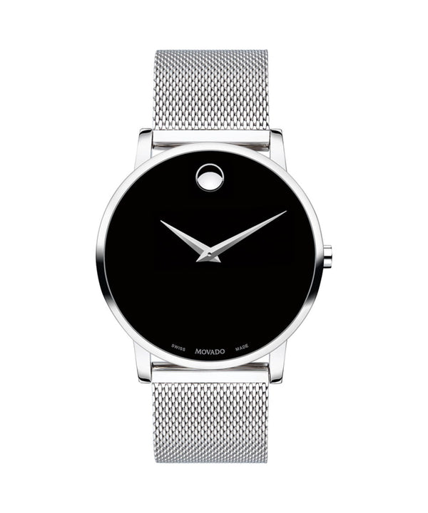 Silver watch with black face on a white background