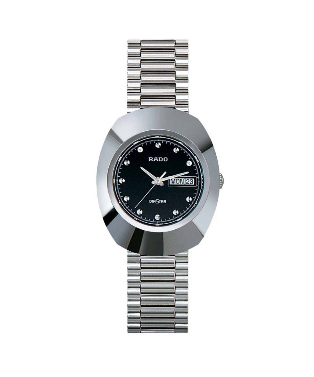 Silver Rado watch with black dial on a white background