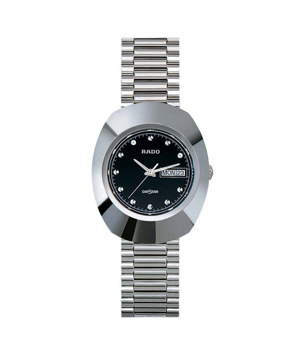Silver Rado watch with black dial on a white background