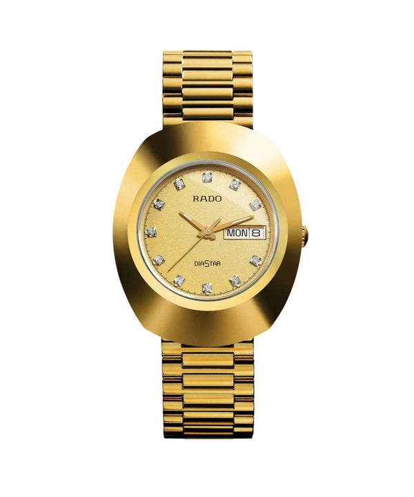 Gold Rado watch with diamond-studded face on a white background