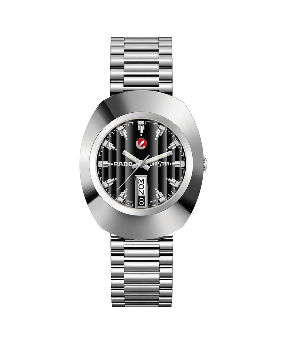 Silver watch with a black face on a white background