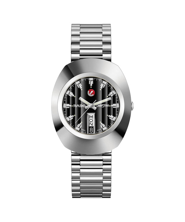 Silver watch with a black face on a white background