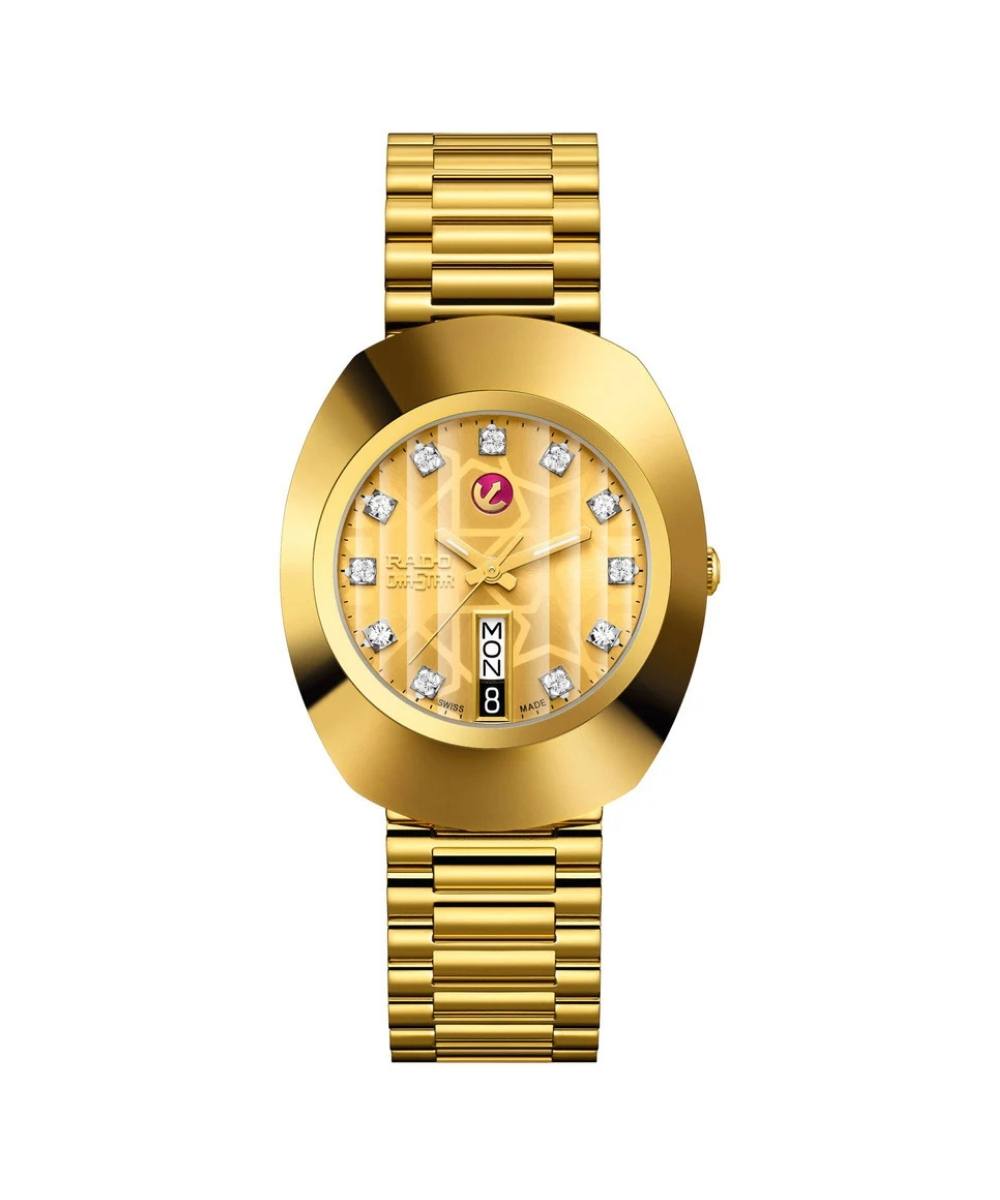 Gold watch with diamond-studded face on a white background
