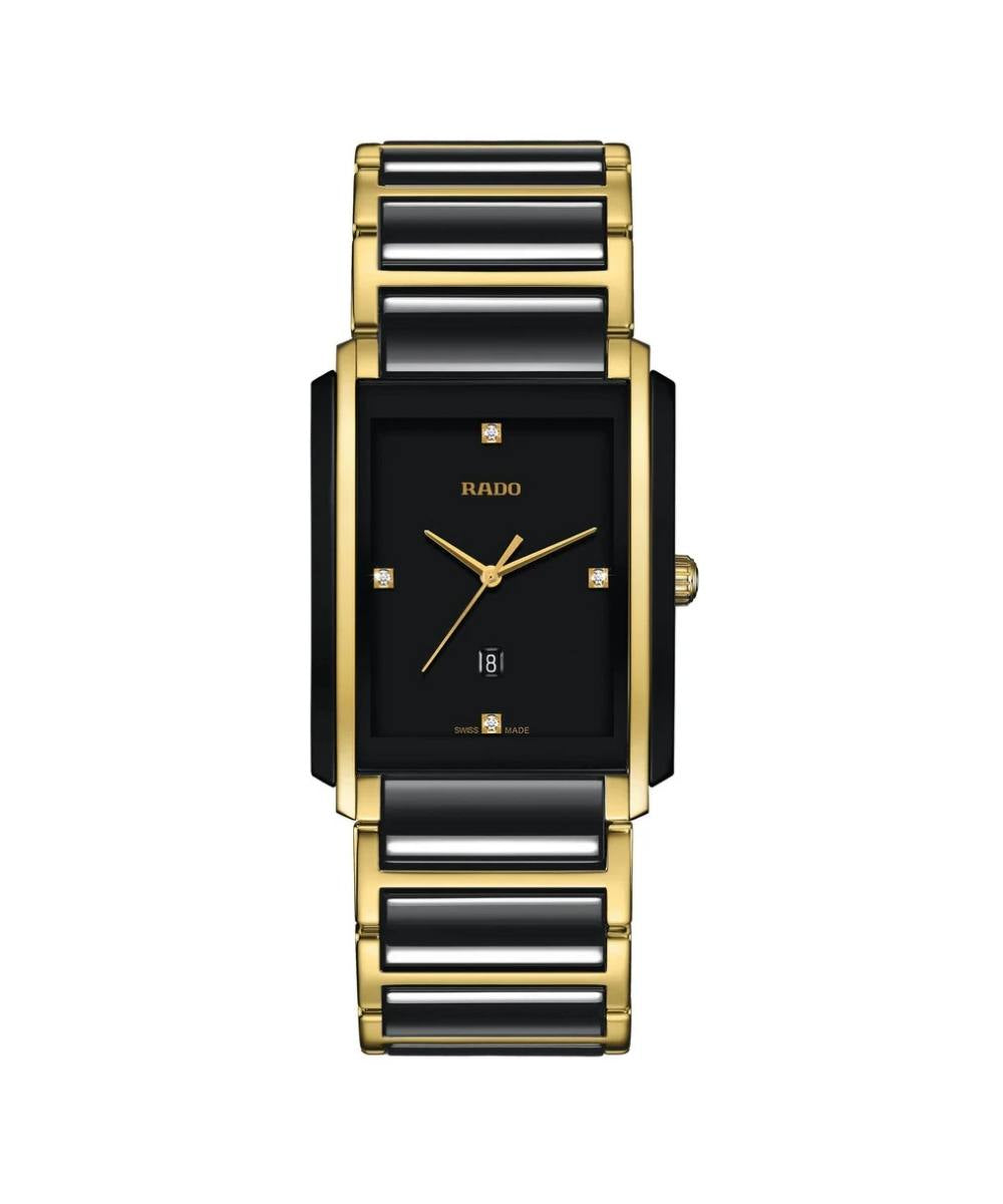Rado watch with black and gold band on a white background