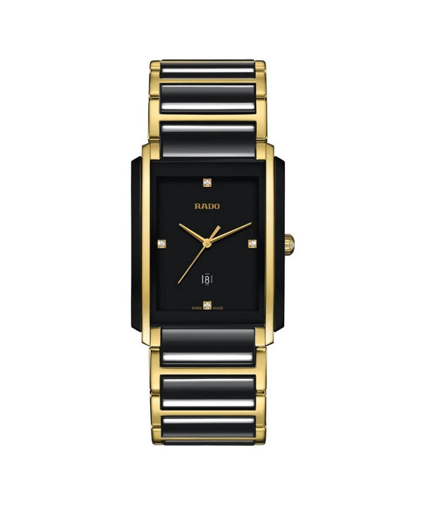 Rado watch with black and gold band on a white background
