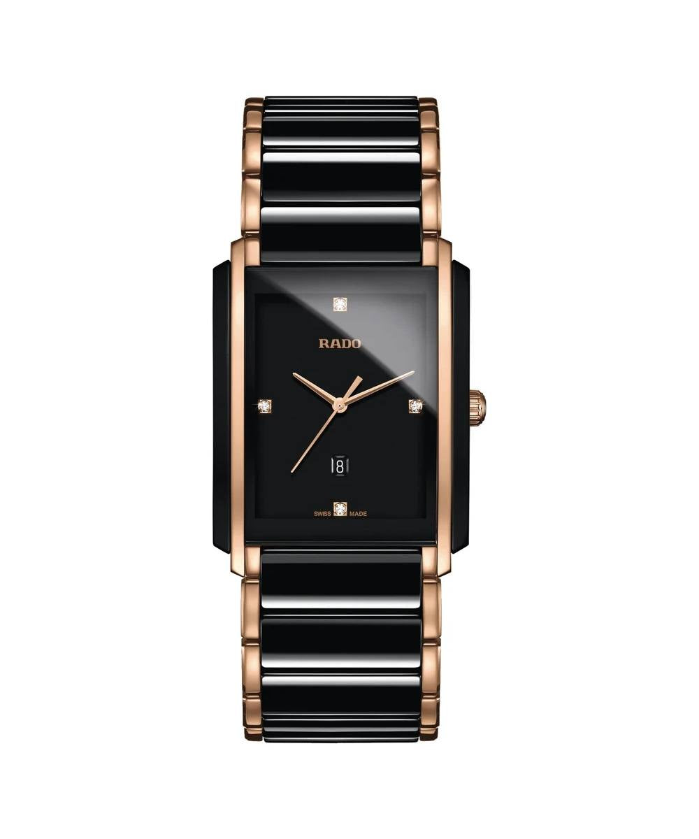 Rado watch with black and rose gold band on a white background