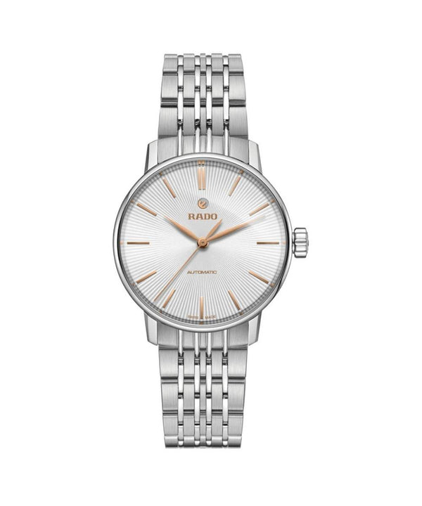 Silver Rado watch with a white face on a white background