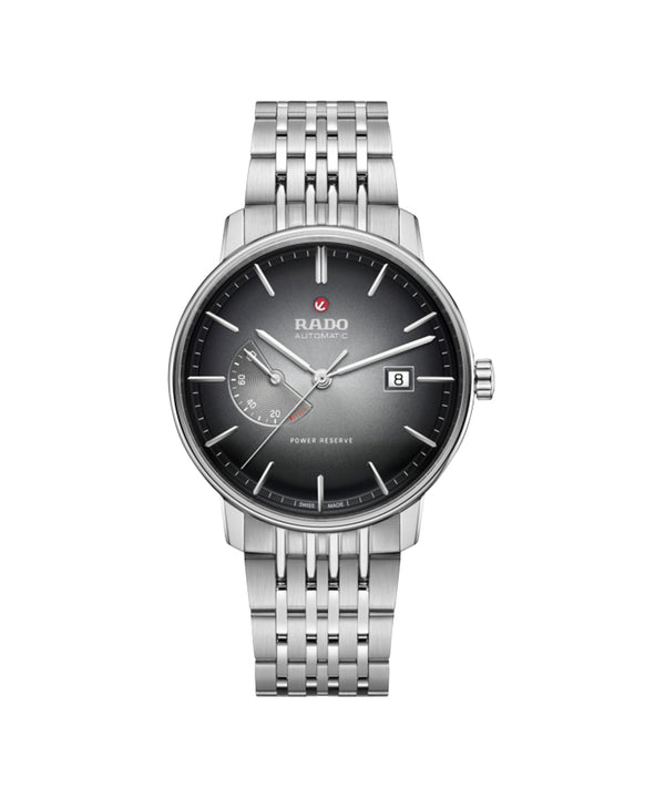 Silver Rado watch with black dial on a white background