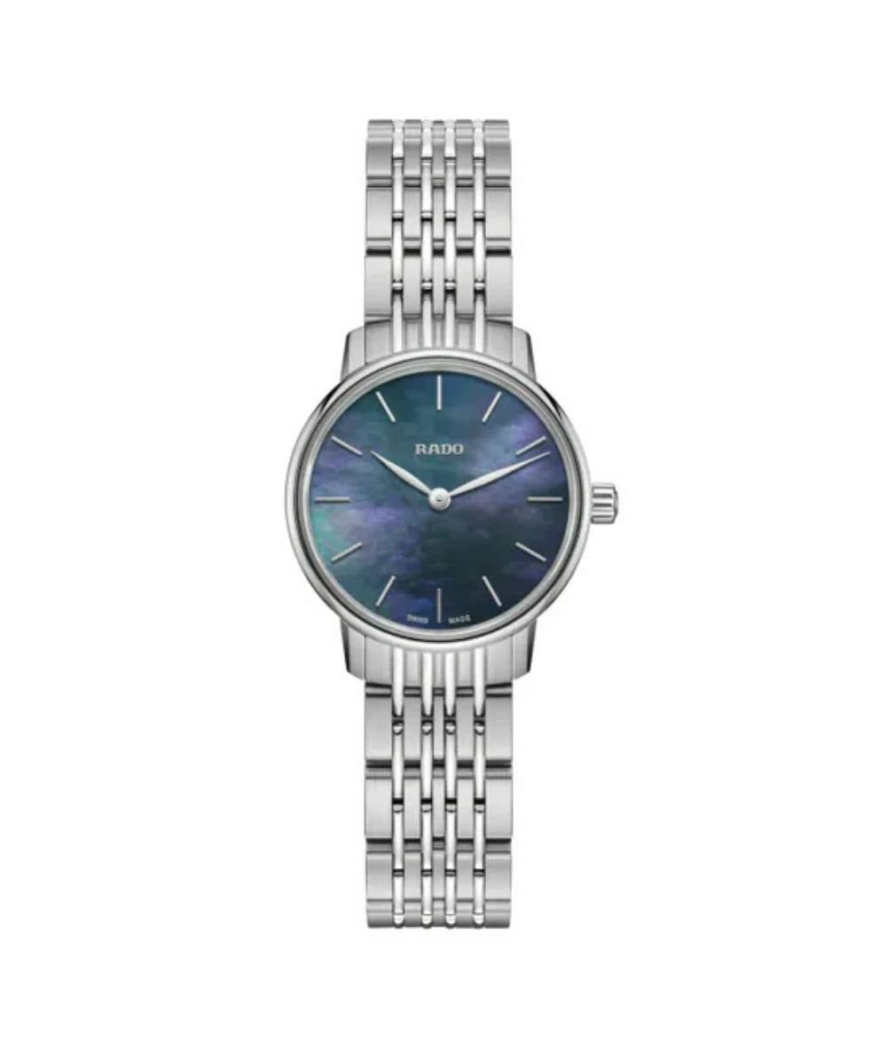 Silver watch with a blue face on a white background