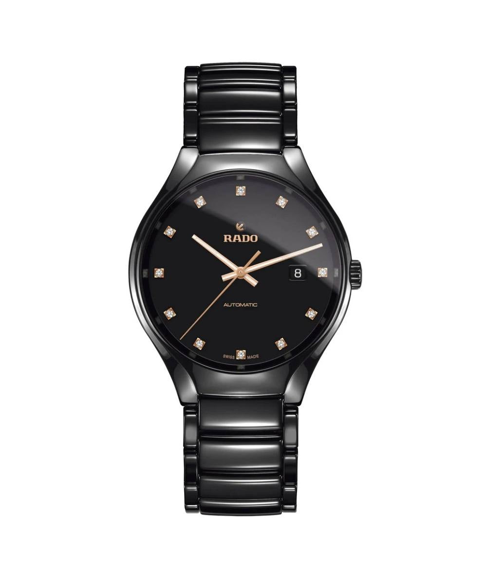 Black Rado watch with diamond-studded face on a white background