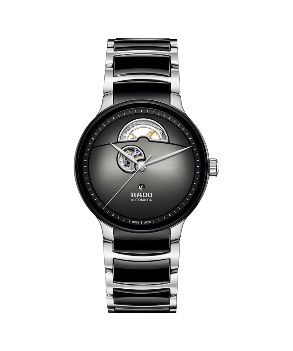 Rado watch with black and silver band on a white background