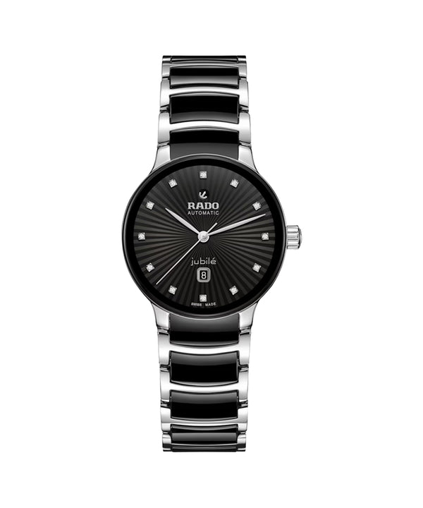 Rado watch with black dial and silver case on a white background
