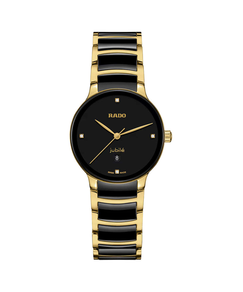 Gold and black Rado watch on a white background