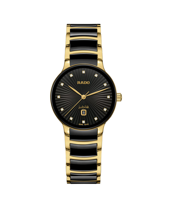 Black and gold Rado watch on a white background