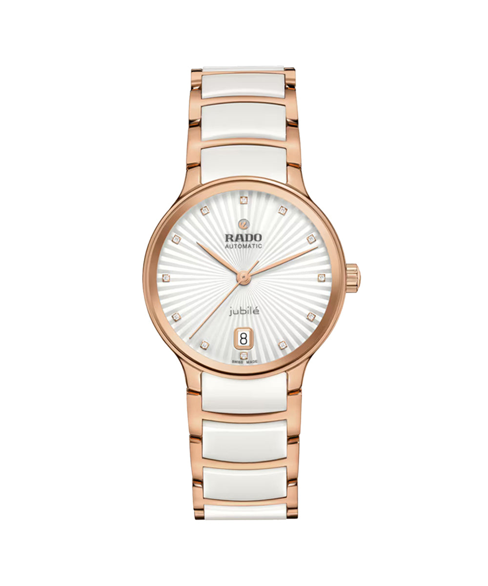 Rado watch with rose gold and white ceramic strap on a white background