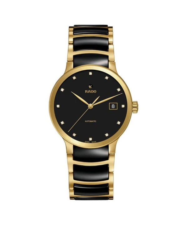 Gold and black watch with Rado brand on a white background