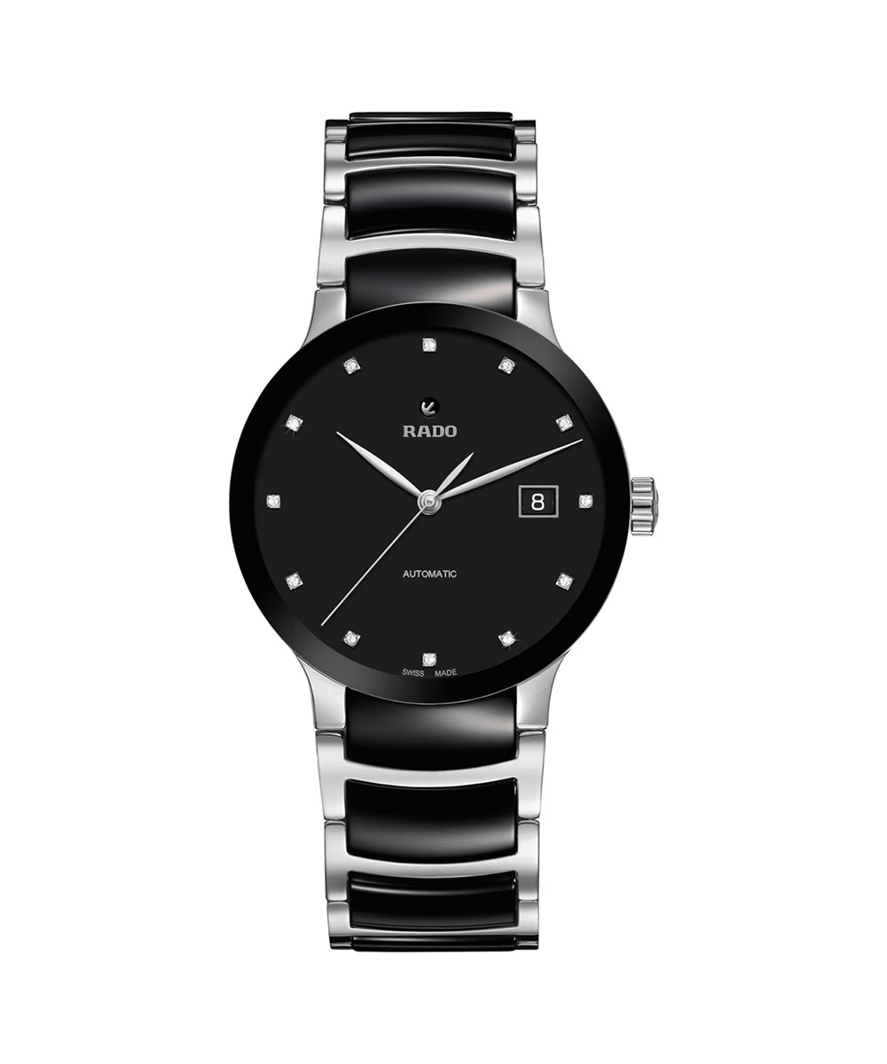 Rado watch with black and silver band on a white background