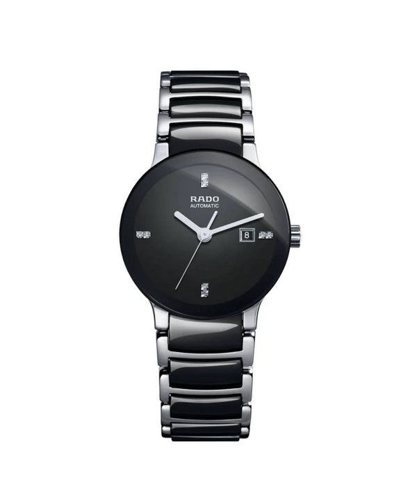 Black and silver watch with Rado branding on a white background
