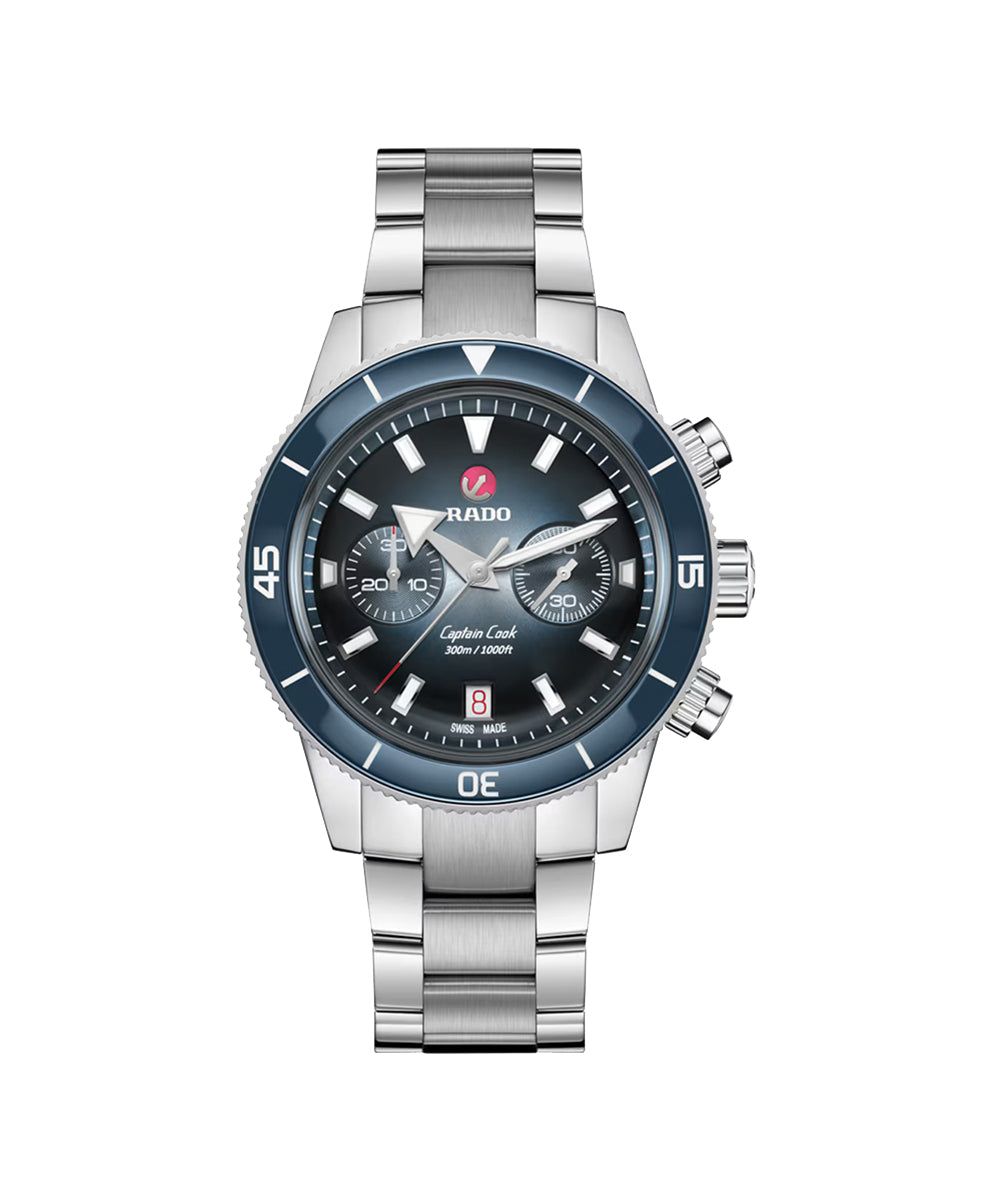 Silver watch with a black face on a white background