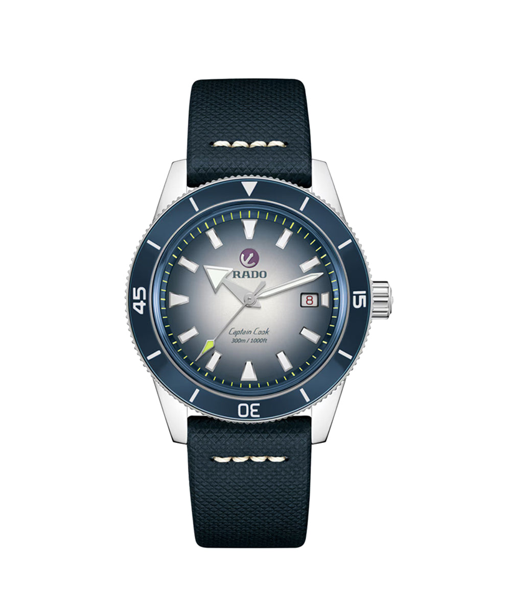 Watch with blue strap and silver case on a white background