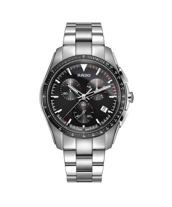 Silver Rado watch with a black dial on a white background