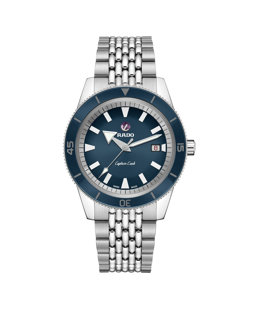 Silver watch with blue dial on a white background