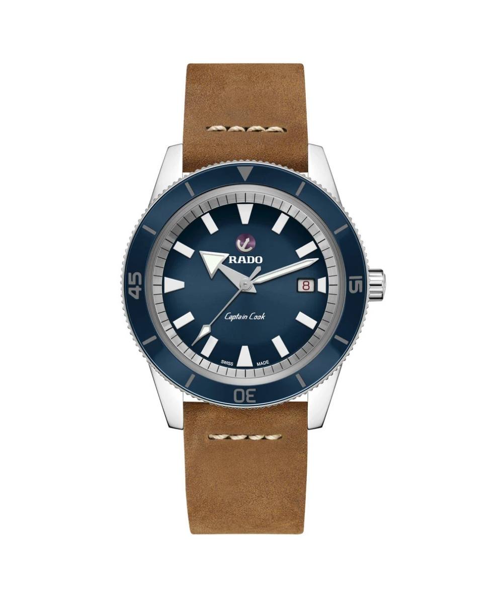 Watch with brown strap and blue dial on a white background