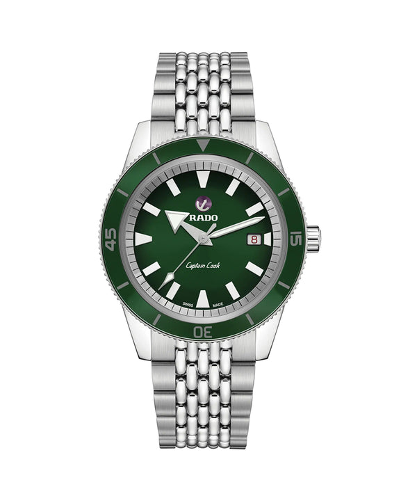 Green watch with silver bracelet on a white background