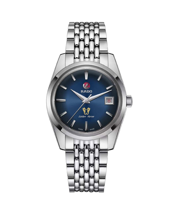 Silver watch with blue dial on a white background