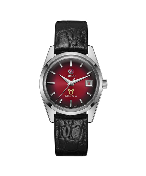 Watch with red face and black leather strap on white background