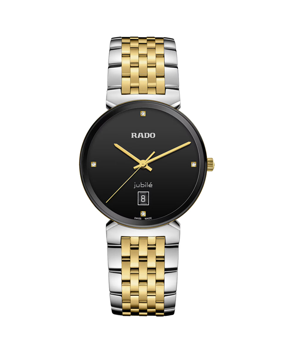 Rado watch with two-tone gold and silver bracelet on a white background
