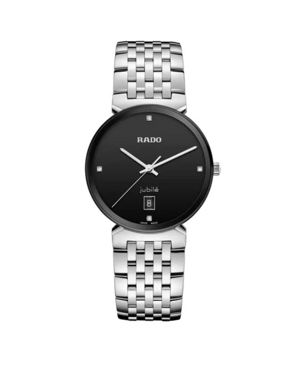 Silver Rado watch with black dial on a white background