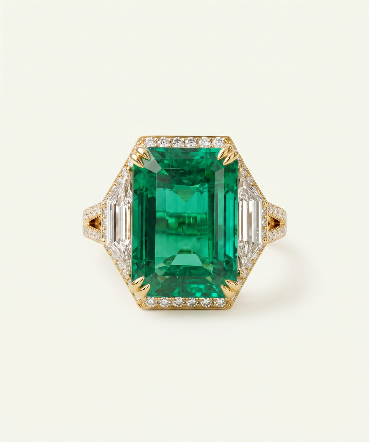 A yellow gold ring featuring a large rectangular emerald-cut green emerald gemstone, accented by baguette-cut and round-cut clear stones along the shoulders and bezel, set against a clean off-white background.