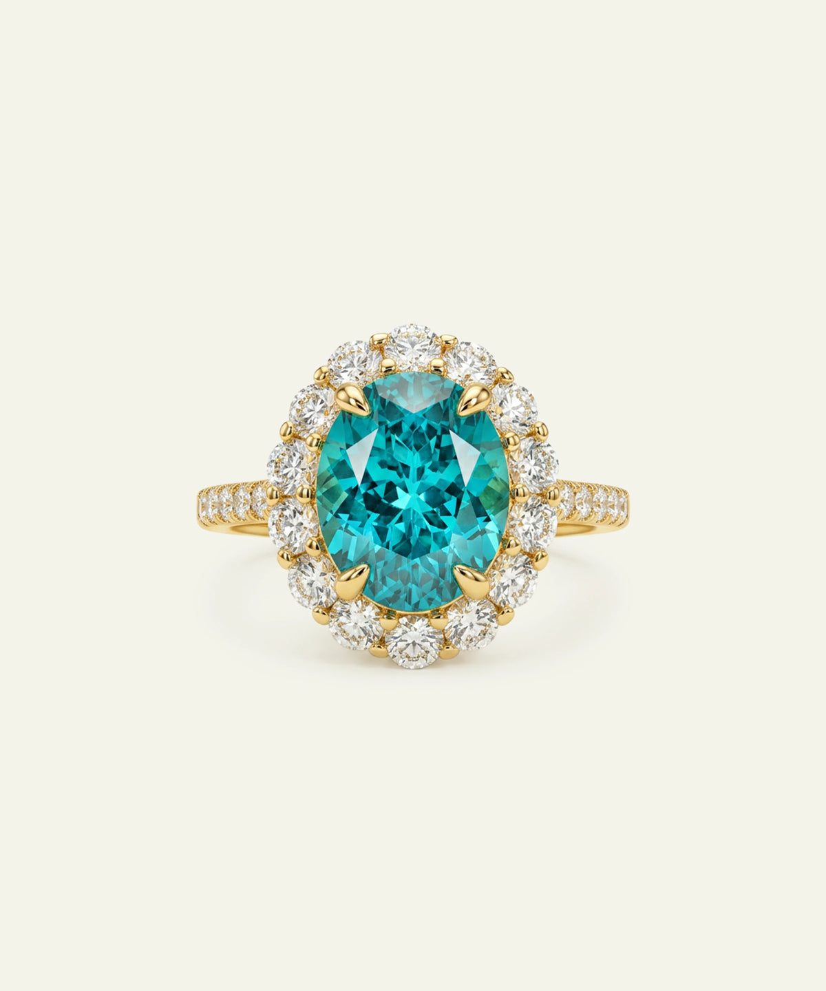 A yellow gold ring featuring a large oval-cut turquoise center stone surrounded by a halo of small clear stones, with a slim diamond-accented band, set against a light cream background.