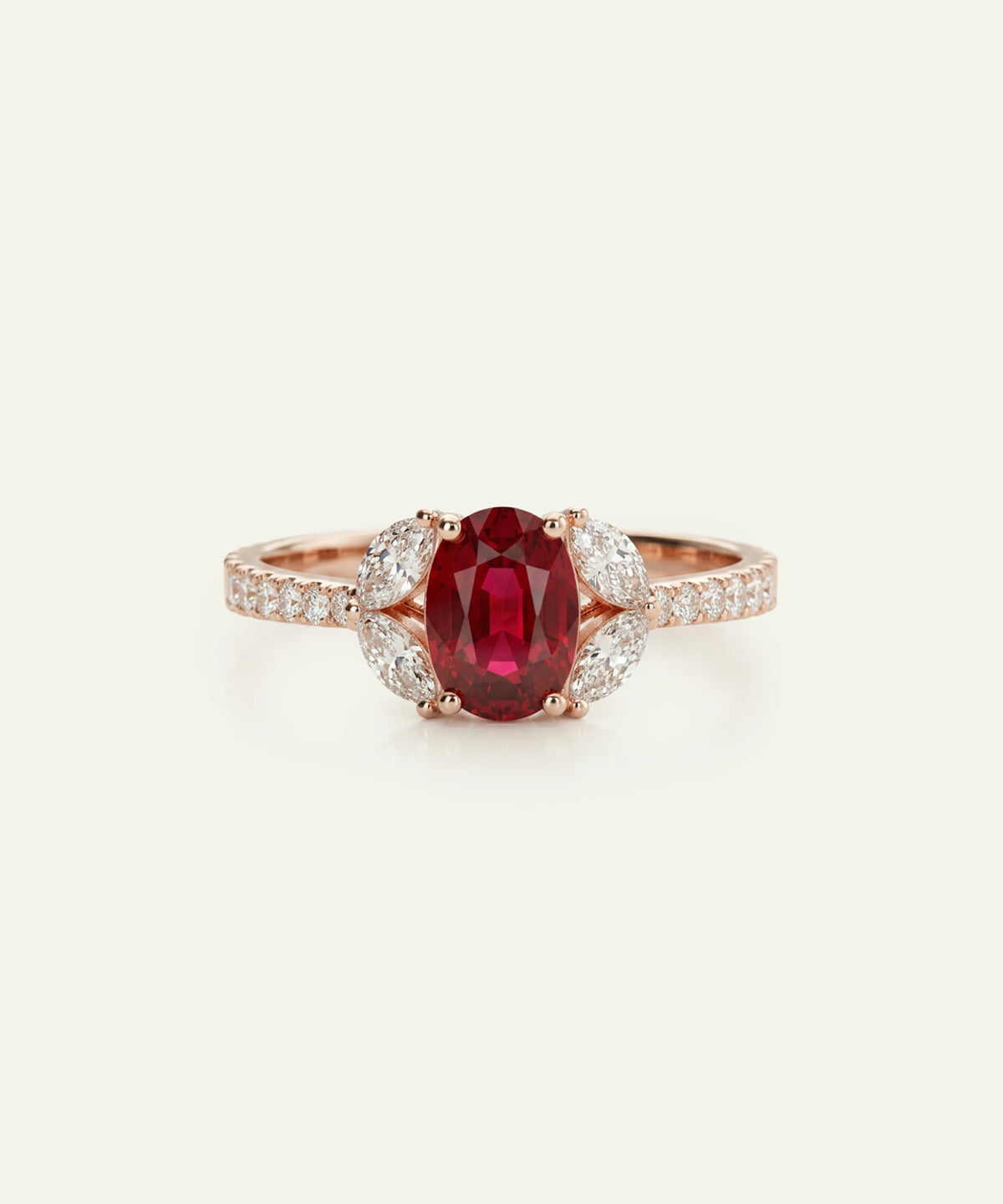 An oval-cut ruby ring in rose gold with a halo of small clear stones, set on a plain light cream background.