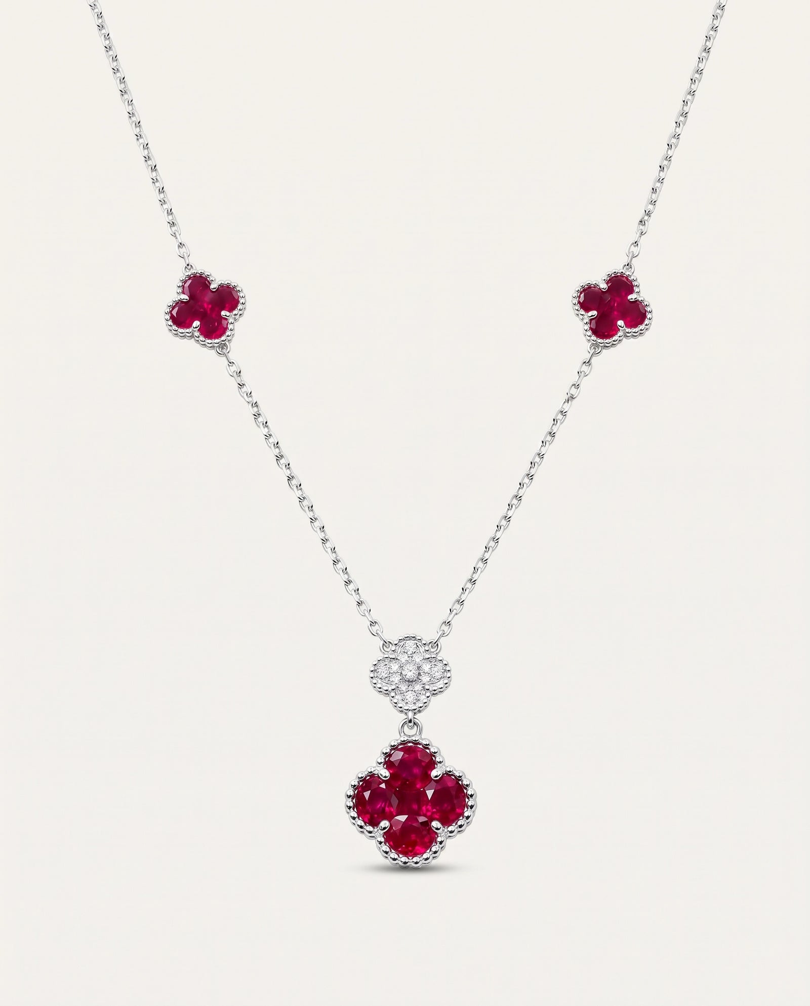 Aanika V. Ruby & Diamond Clover Flower Shape Necklace