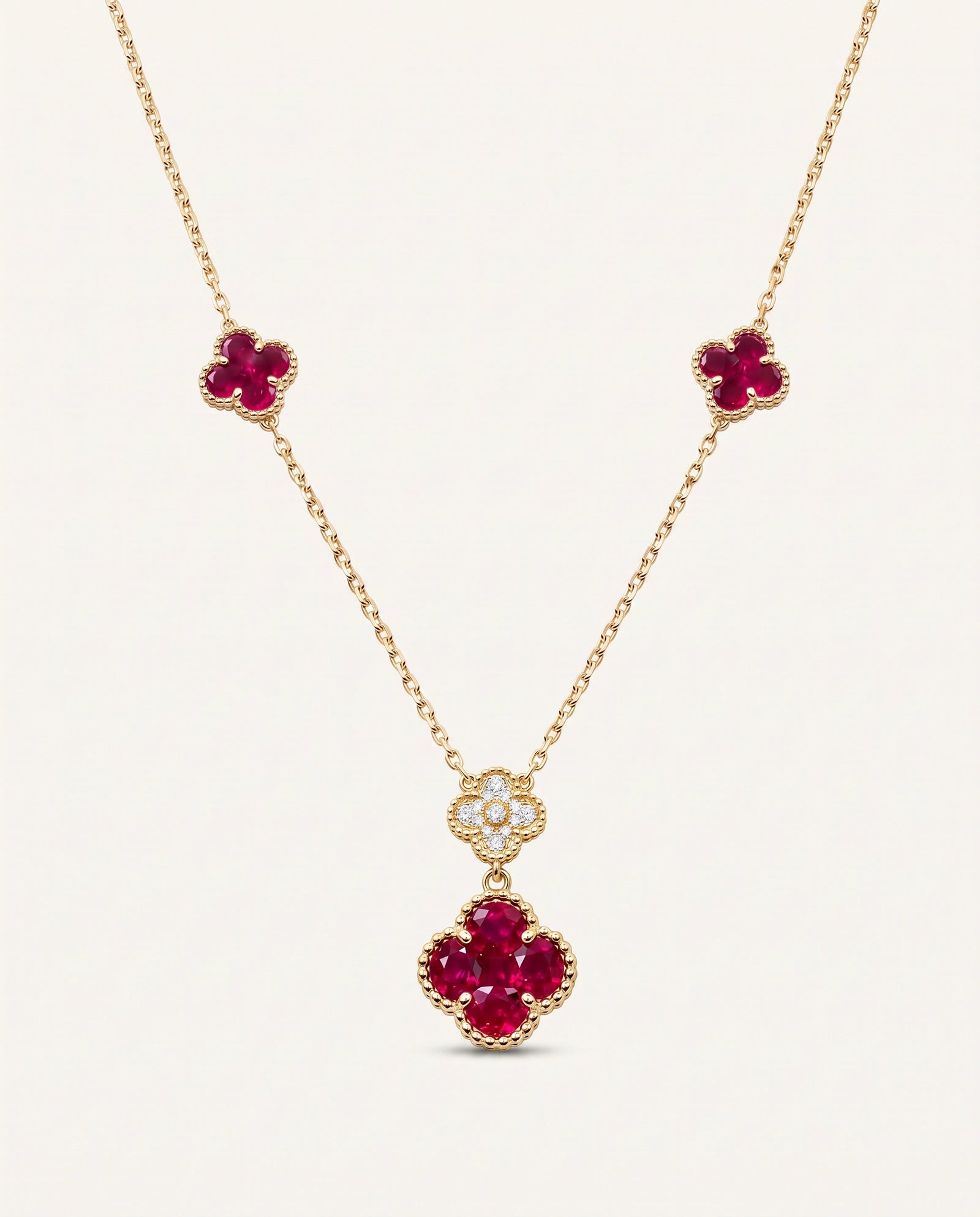 Aanika V. Ruby & Diamond Clover Flower Shape Necklace
