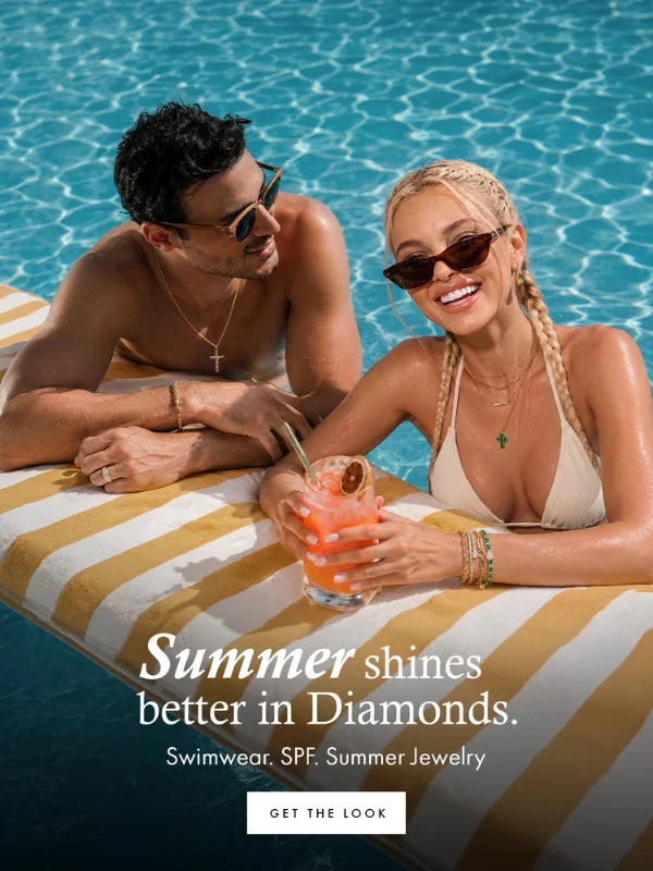 A man and a woman relax on a striped pool float in a swimming pool, wearing swimwear and sunglasses while the woman holds an orange cocktail. Text at the bottom reads, 'Summer shines better in Diamonds.